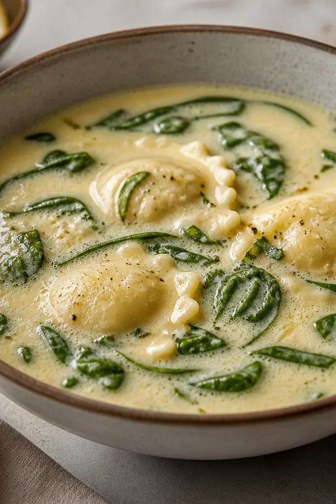 A bowl where thin green spinach ribbons swirl through the cheese soup. Ravioli are visible near the top, and the broth is creamy with small bubbles at the edges of the bowl.