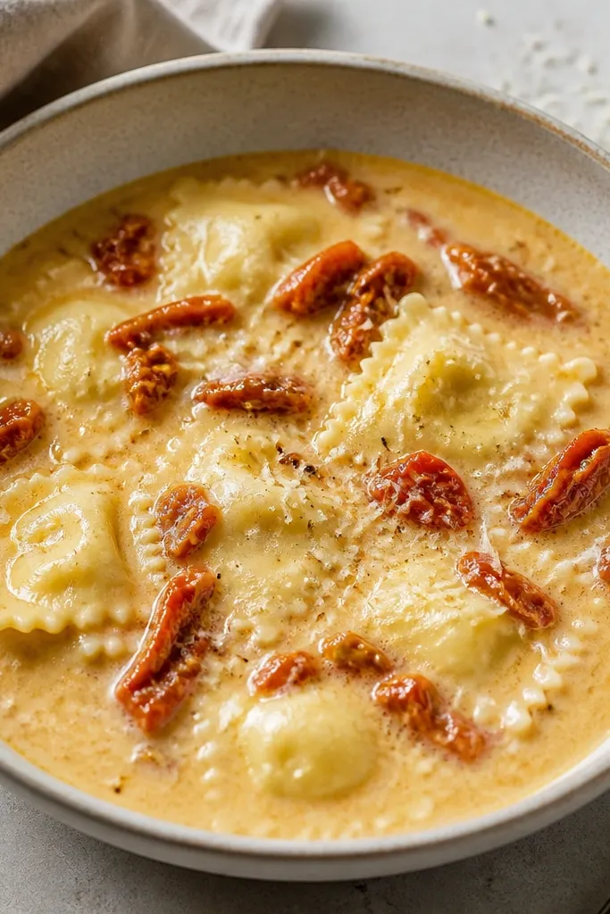 A bowl with orange sun-dried tomato pieces suspended in a golden cheese soup. The ravioli are clearly visible, and there are small flecks of parmesan on top. The lighting makes the orange bits look glossy.
