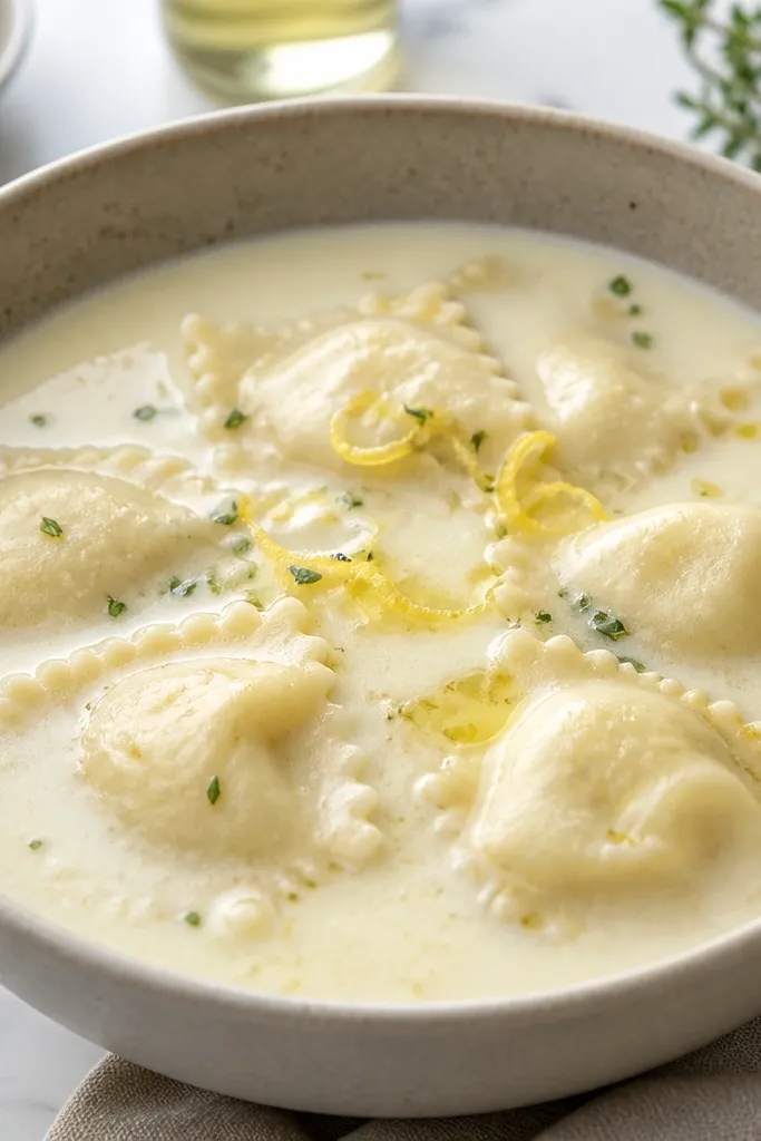 A bowl of creamy cheese ravioli soup with a light sheen. Thin lemon zest curls sit on top, and a few drops of lemon juice are visible near the center. The ravioli look plump and pale.