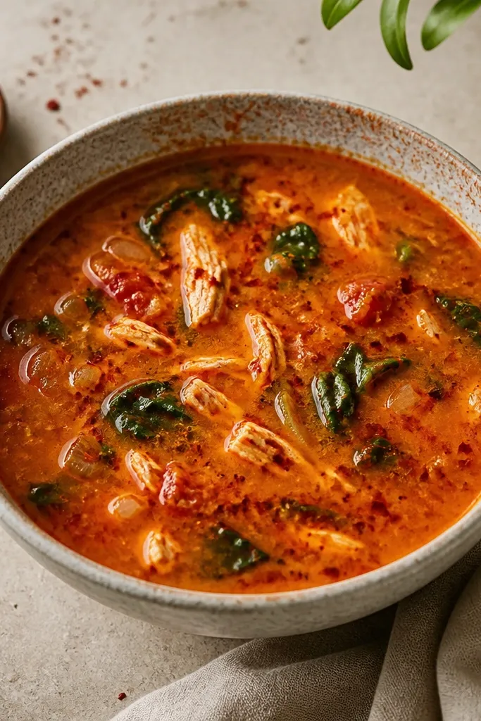A bowl with a slightly deeper orange-red broth. Red pepper flakes are visible across the surface. A small dusting of smoked paprika sits on top around the rim like a light powder.