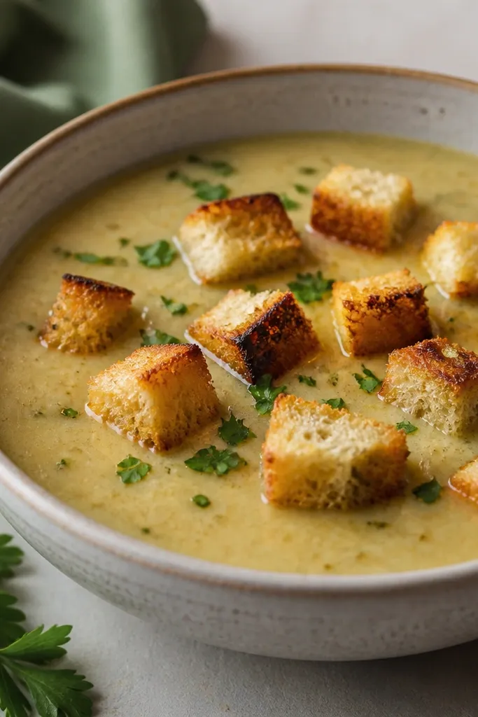 A bowl with soup and visible small toasted bread cubes floating on top. The bread is golden with darker toasted edges. A few chopped parsley bits sit beside the bread.