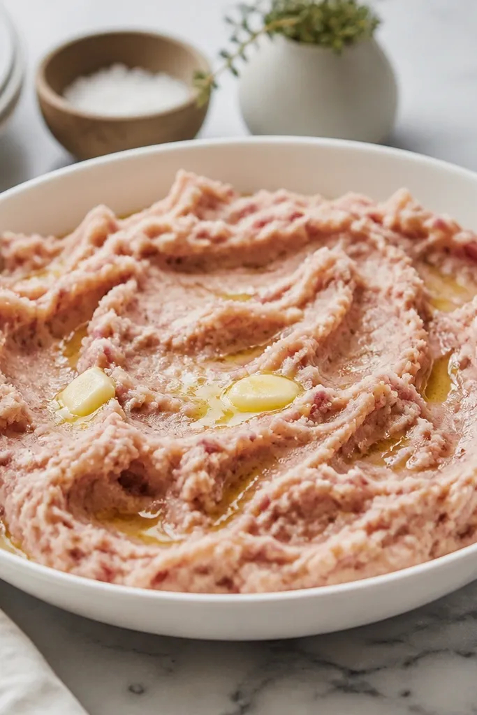 A wide white bowl filled with red mashed potatoes. The surface has uneven, hand-mashed ridges showing tiny red skin flecks. Butter is pooled slightly around the edges and melts into a soft shine.