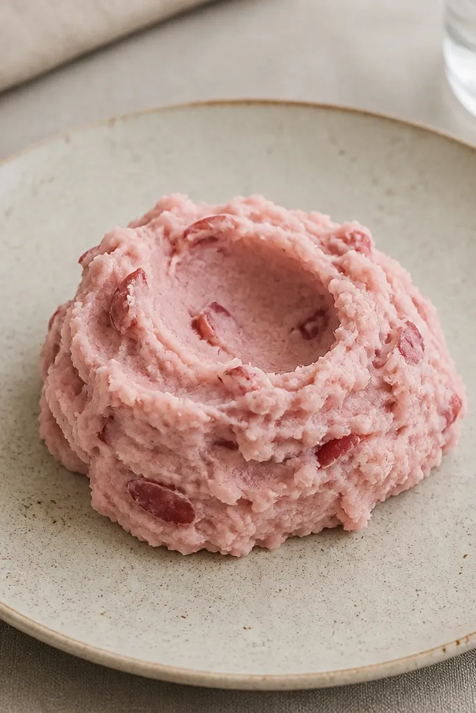 A dinner plate with a small mound of red mashed potatoes placed in the center. The mound has a swirl indentation like a shallow crater. Red skin pieces are clearly visible throughout.
