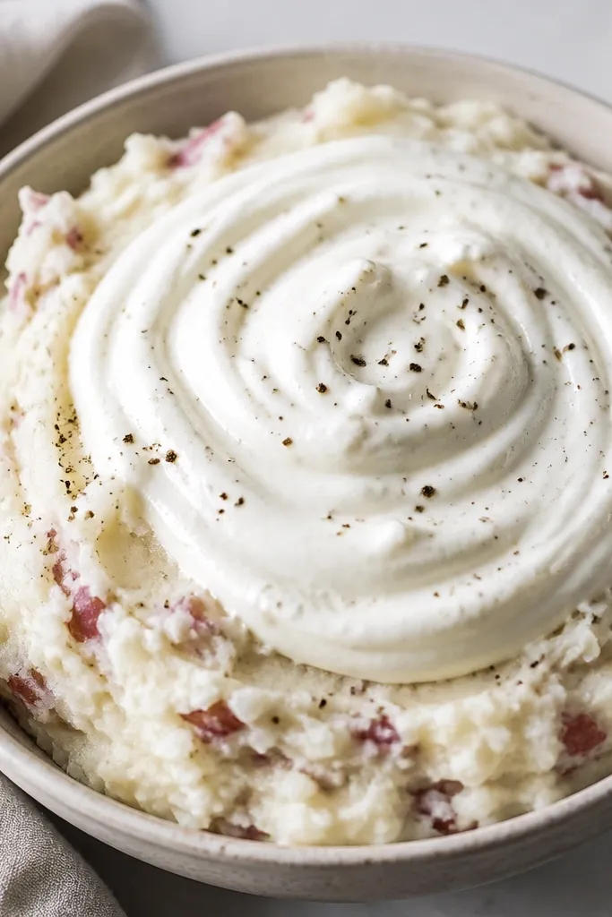 A bowl of red mashed potatoes with a thick sour cream swirl on top. The swirl is white and contrasts with the red skin flecks. A light dusting of black pepper sits at the edges.