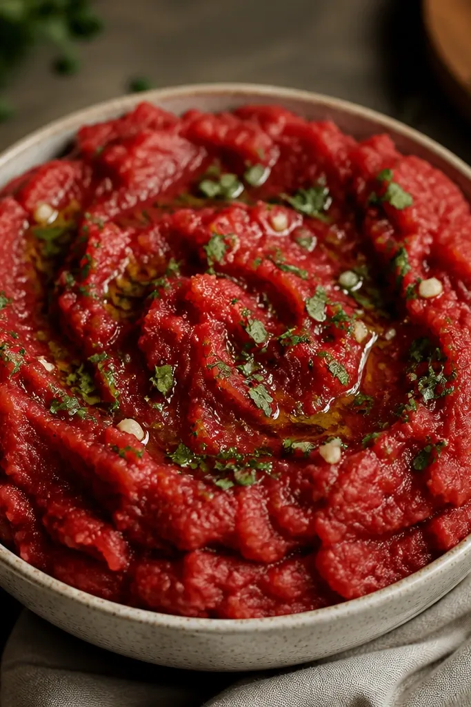 Red mashed potatoes with visible chopped parsley and little flecks of garlic. The top is glossy from garlic butter, with a few green bits scattered unevenly.