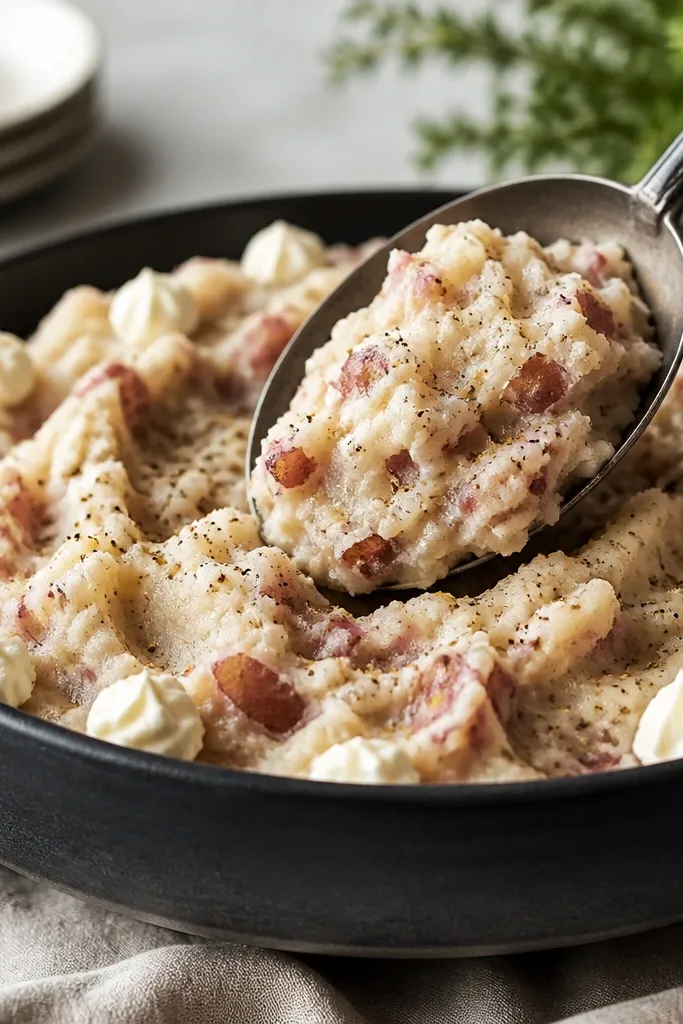 A serving spoon holds red mashed potatoes. Around the rim of the bowl are small dollops of pale horseradish cream. The mash is chunky with red skin flecks and pepper specks.