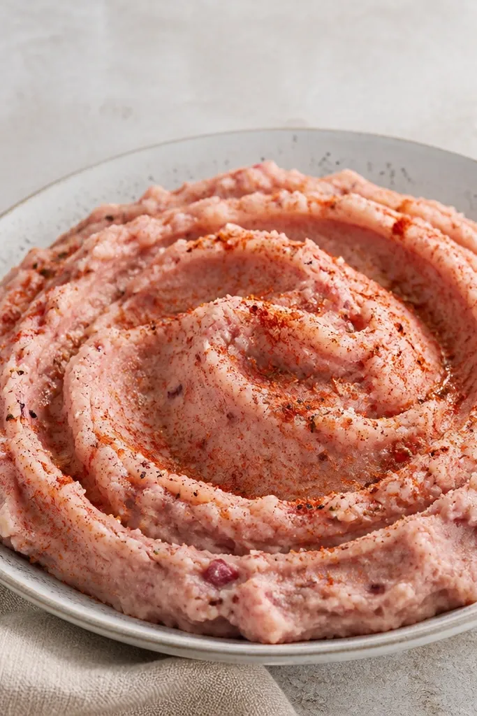 Red mashed potatoes with a faint reddish-brown tint on the top. There's a light dusting of smoked paprika and a ring of cracked pepper around the surface.