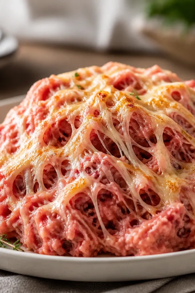 A mound of red mashed potatoes with melted cheese strings draped in thin threads. The mash is still visibly chunky with skin flecks, and the cheese looks lightly browned.