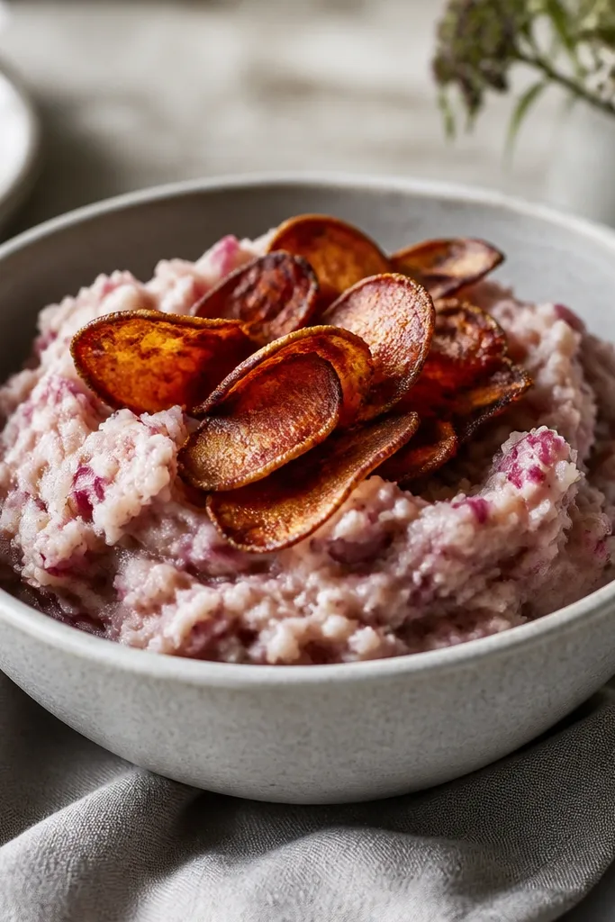 Red mashed potatoes with a few crisped red skin chips on top. The mash is creamy and chunky underneath, while the skins look darker, slightly curled, and crisp.