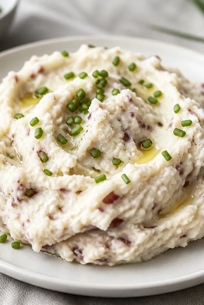 A plated serving of red mashed potatoes topped with bright green chive pieces. The mash looks thick and fluffy, with red skin flecks. A few butter streaks catch the light.