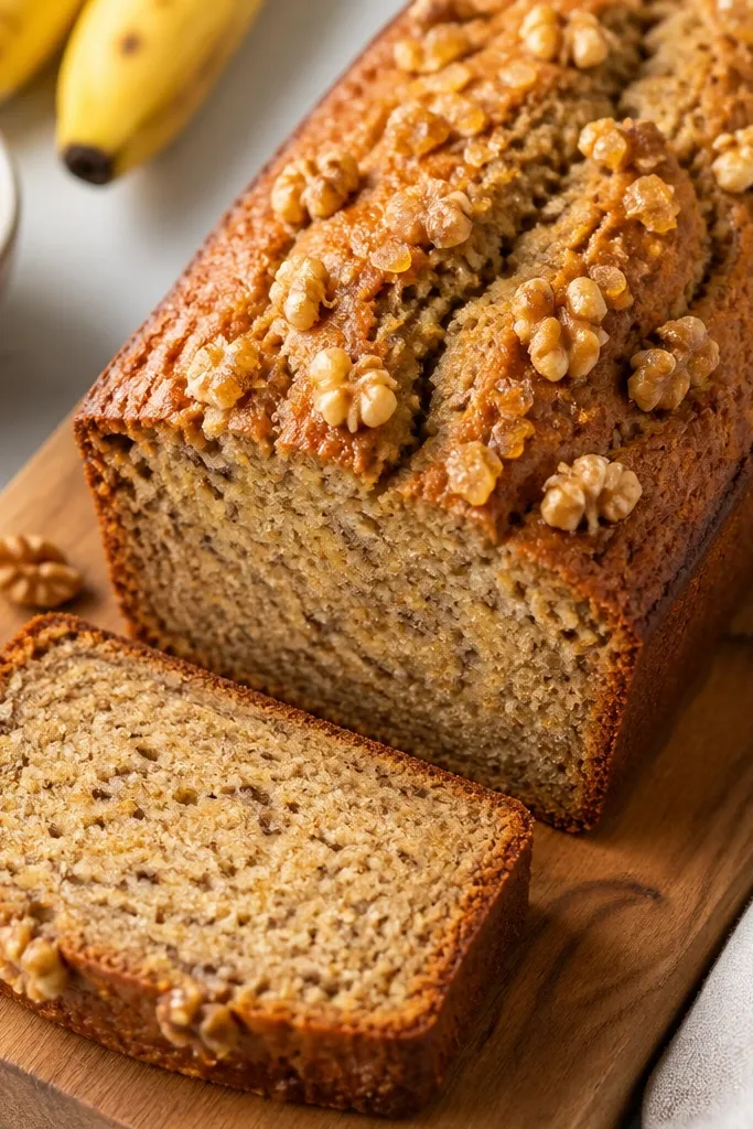 A golden-brown loaf of banana bread with a slightly cracked top, sprinkled with chopped walnuts and a few glossy caramel-colored sugar crystals. The slice on the side shows a fine, moist crumb with tiny banana flecks.
