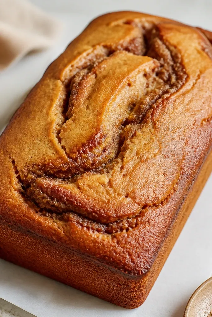 A loaf with a visible cinnamon-sugar ribbon running through the top, like a soft swirl. The exterior is a warm honey color, and the top has small cracks and a matte sheen.
