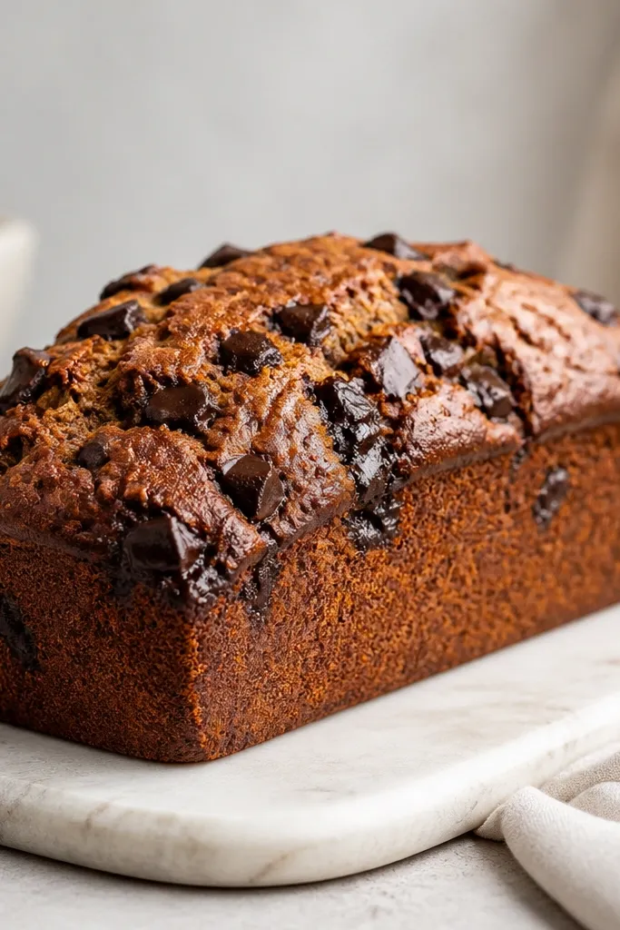 Banana bread with deep brown chocolate chunks peeking through the top and sides. The loaf is slightly domed, with glossy spots where chocolate melted and set again.