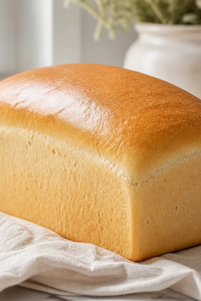 A loaf with a smooth, lightly glossy top. Tiny pores from baking are visible, but the surface looks polished and even, with a pale golden color.