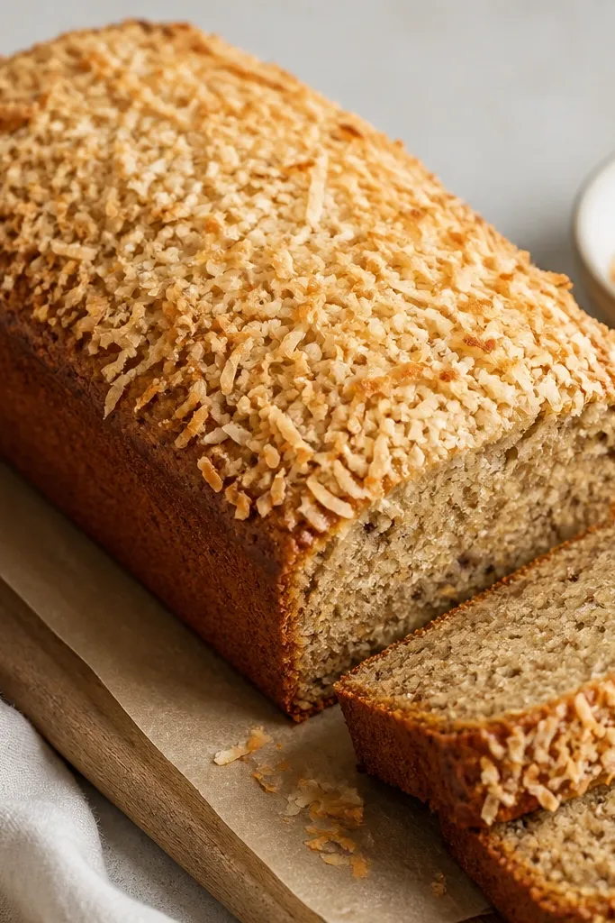 Banana bread with a light, even layer of toasted coconut on top. The loaf is golden and the coconut looks dry and crisp, with pale tan flakes.