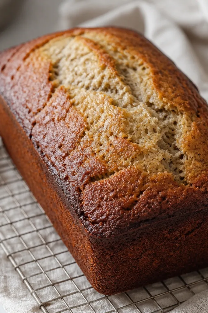 A loaf with darker caramel edges and a lighter center, with visible banana specks. The top is slightly cracked and the sides look deeply browned.