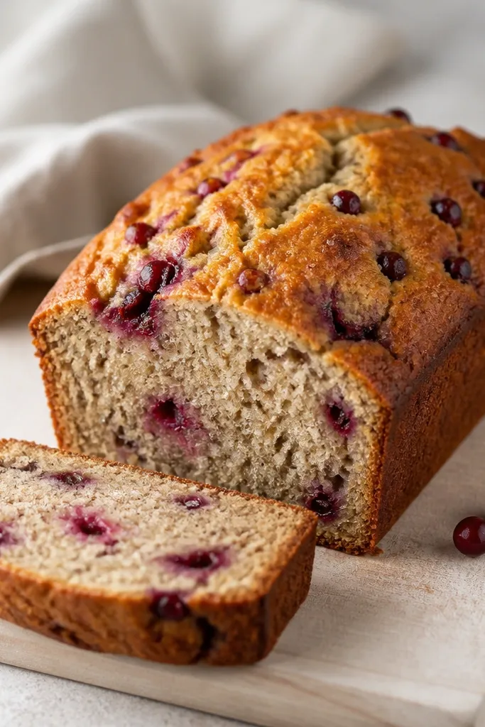 Banana bread with small red-purple berries scattered through the top and visible in the slice. The loaf is golden with a few berry bursts where fruit released juices.