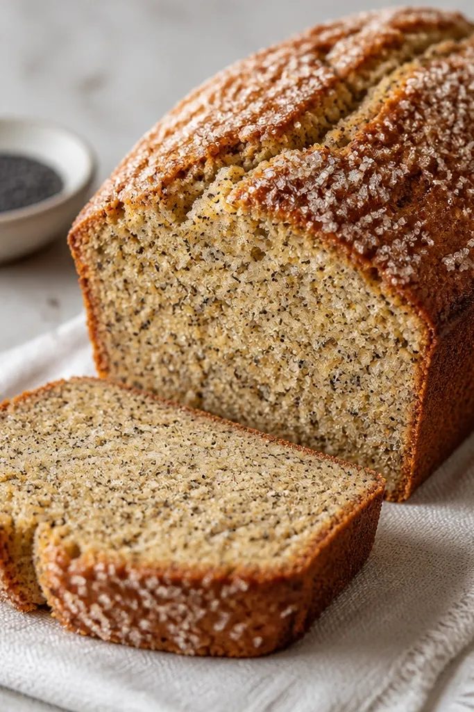A loaf with a warm golden crust and specks of greenish-brown from spices. The top has a light dusting of sugar, and the slice shows a fragrant, evenly mixed crumb.