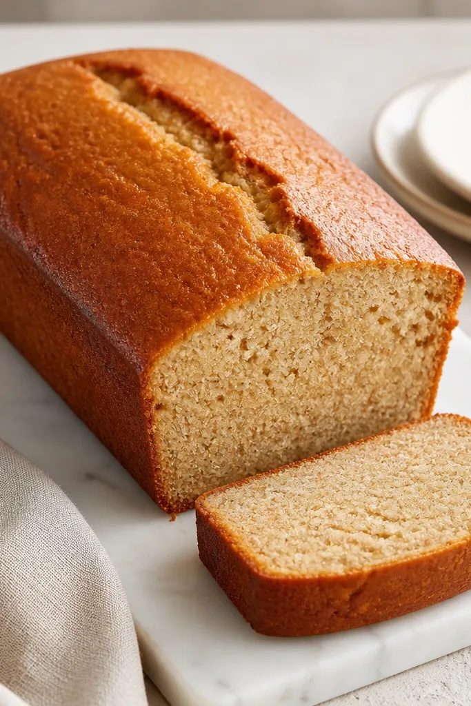 A plain, clean loaf with a neat crack down the center and no heavy topping. The surface is evenly browned, and the slice shows a moist, uniform crumb.
