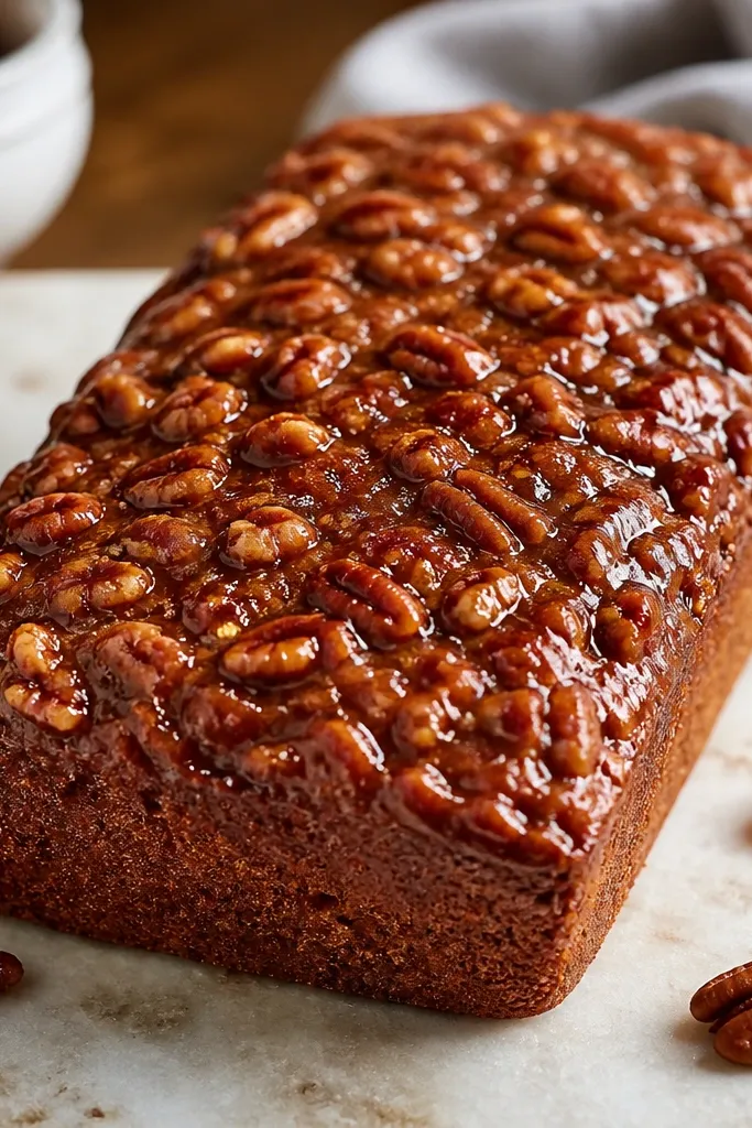 A loaf with a sticky-looking top where maple syrup caramelized around toasted pecan pieces. The surface is darker amber with glossy patches.