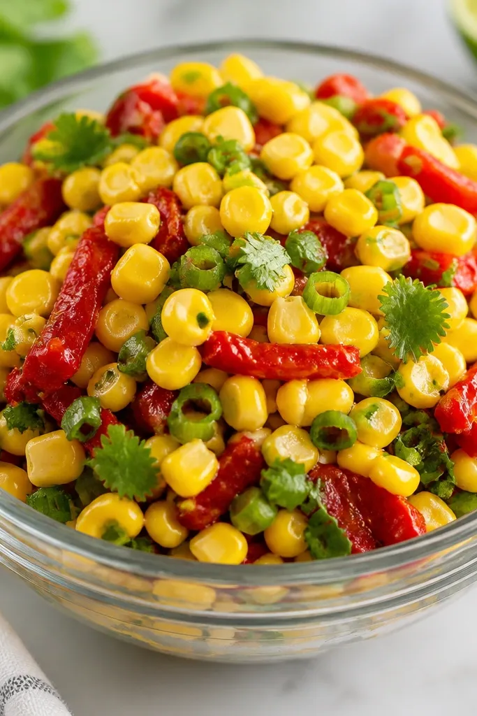 A glass bowl filled with bright yellow corn kernels, streaks of glossy red roasted pepper, and tiny green cilantro pieces. The top layer looks slightly glossy from dressing, with a few lime-green scallion slices visible.