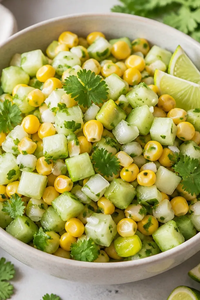 A bowl of corn salsa with pale green cucumber cubes, yellow corn, and chopped white onion bits. The surface is matte with visible cucumber edges, plus a few lime wedges and cilantro leaves around the rim.