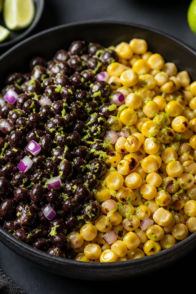 A dark, statement bowl where black beans and corn sit side-by-side, dotted with bright green lime zest. Red onion bits peek through, and the top has a glossy lime dressing sheen.