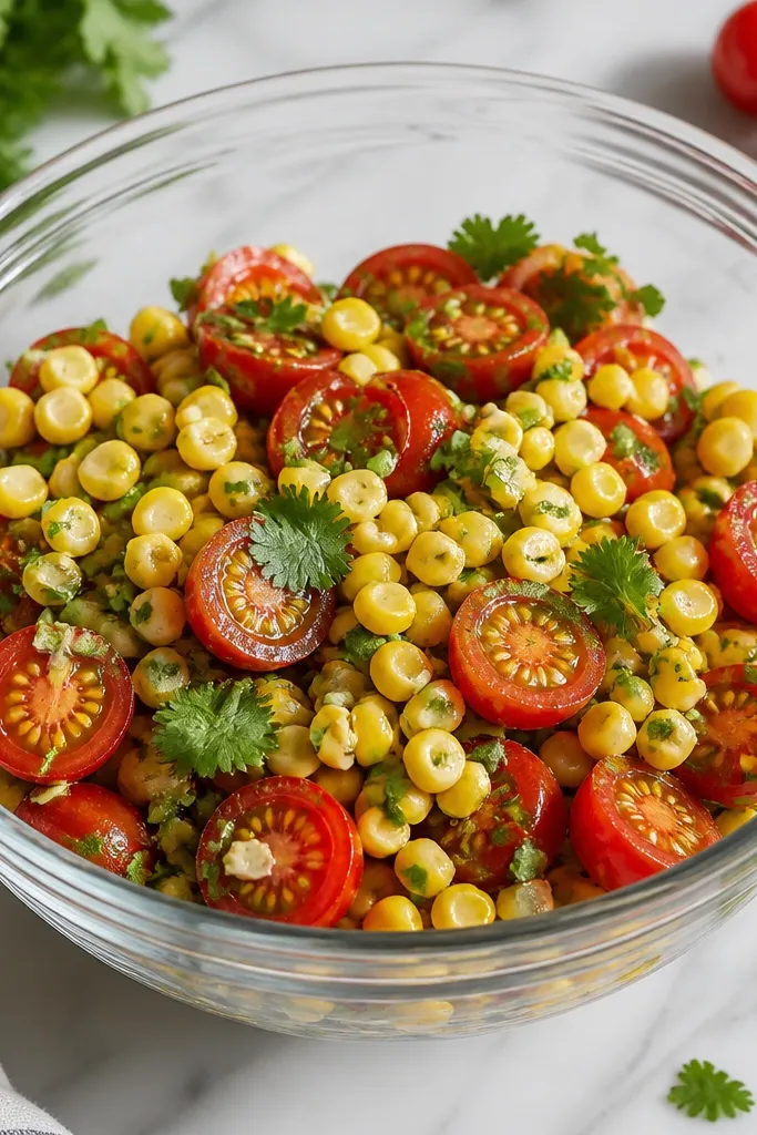 A clear bowl with halved cherry tomatoes showing their red centers, mixed into yellow corn and chopped cilantro. The dressing lightly coats everything, and you can see tomato seeds and bright flesh.