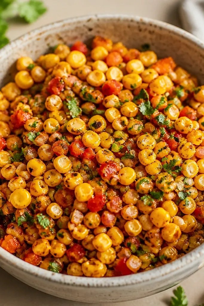 Corn salsa with slightly darker corn kernels, a warm orange tint, and visible specks of smoked paprika. Green cilantro and red pepper bits sit on top like confetti.