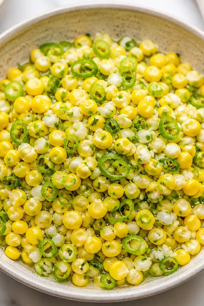 A bright yellow corn salsa with lots of thin green scallion rings, glossy lime dressing, and small bits of white onion. The surface looks clean and uniform.