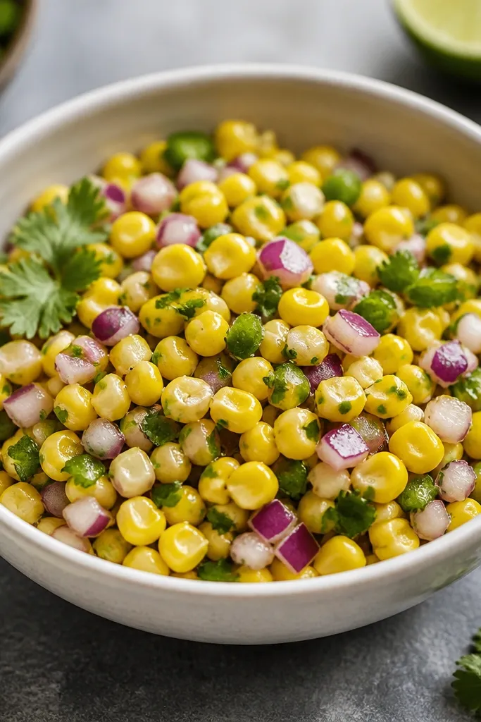 A bowl of corn salsa with visible tiny green jalapeno dice, yellow corn kernels, and red onion confetti. Lime juice makes the surface slightly wet and glossy.
