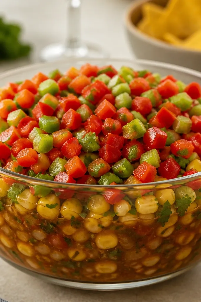 Corn salsa topped with a thick layer of diced red and green bell pepper, with cilantro flecks underneath. The bowl looks layered: darker salsa base and bright crunchy top.