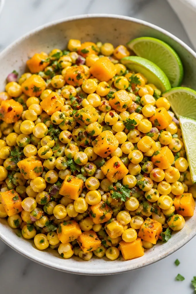 Corn salsa speckled with small orange mango cubes, yellow corn, and green cilantro. There are thin red chili flakes and a few lime wedges around the edge of the bowl.
