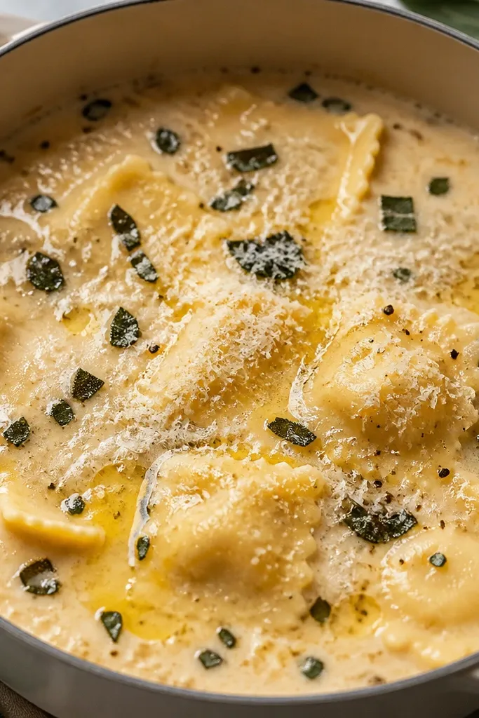 A pot of creamy cheese ravioli soup with a golden-brown butter sheen, flecks of chopped sage, and pale parmesan snow on top. The surface looks glossy, not watery, with small bubbles around the edges.