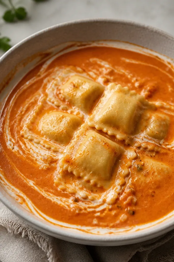 A red-orange cheese ravioli soup with a creamy marbled swirl through it. You can see tiny garlic bits and a smooth tomato base, with a white cream ribbon around the rim of the bowl.