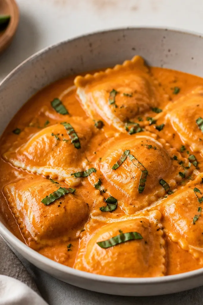 A thick reddish-orange soup where the sauce clings to the ravioli. The surface has small creamy streaks, and the bowl looks spoon-coatable rather than broth-like.