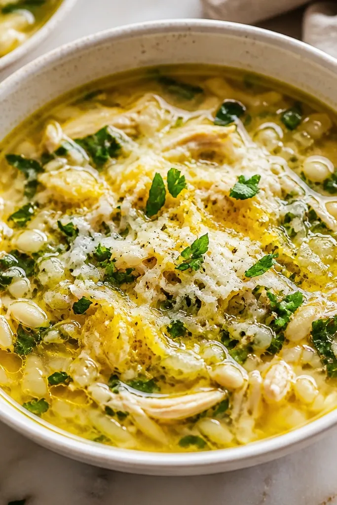 A lighter, golden soup with a glossy olive oil sheen. You see bright lemon zest specks and chopped parsley across the top, with parmesan melting into creamy streaks.