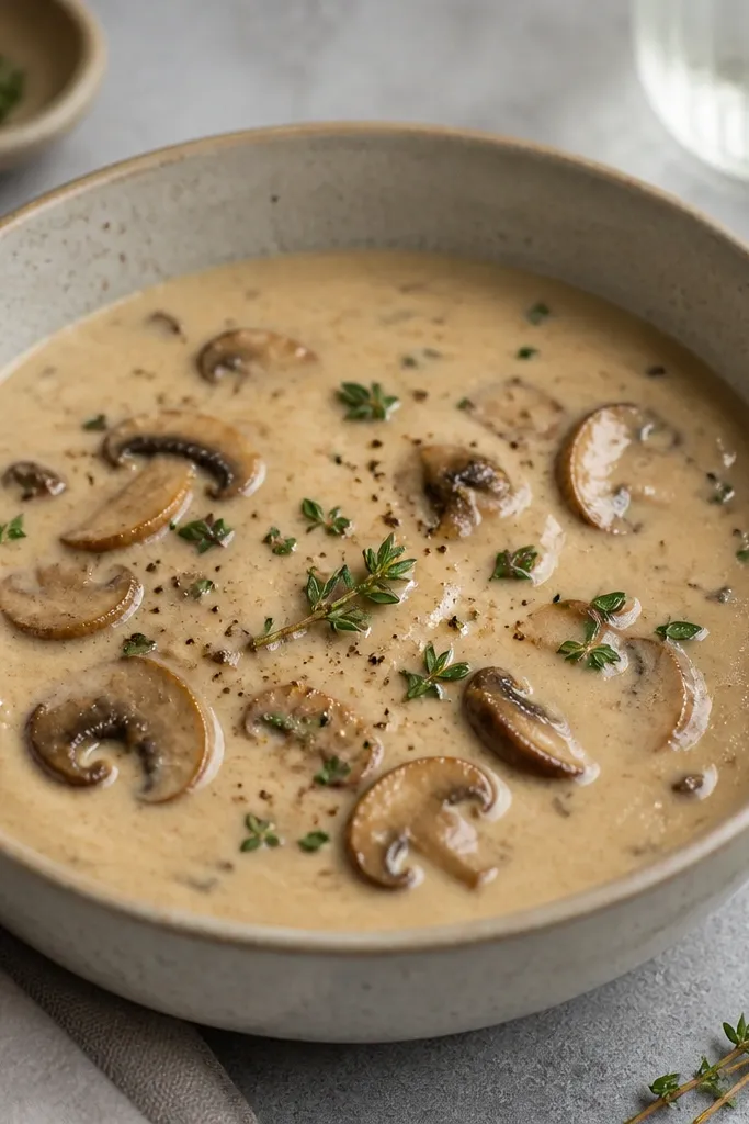 A deep beige soup with visible sautéed mushroom slices and tiny thyme leaves. The sauce looks creamy and slightly reduced, with a gentle sheen and a few pepper flecks.