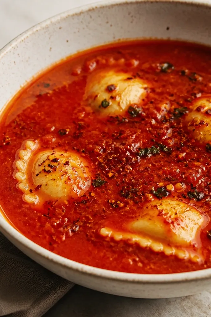 A red soup with a glossy orange chili oil layer on top. You can see small pepper flakes, a few basil flecks, and the ravioli partially visible through the thick sauce.