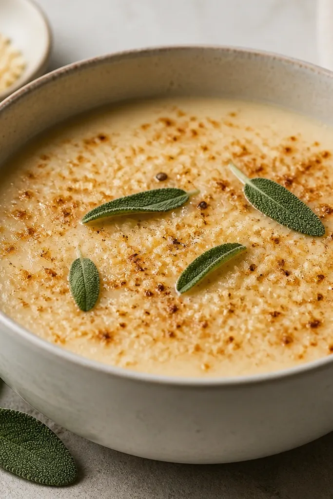 A creamy pale soup with tiny golden parmesan bits on top and a few sage leaves. The surface has speckled browning that looks like a light crust, not melted cheese strings.