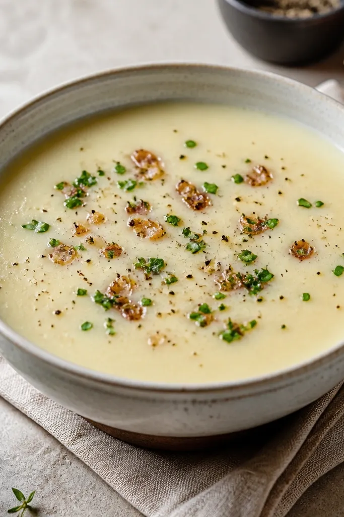 A pale, creamy soup with a subtle golden tint and chopped herbs floating on top. You can see roasted shallot bits and a light pepper speckle across the surface.