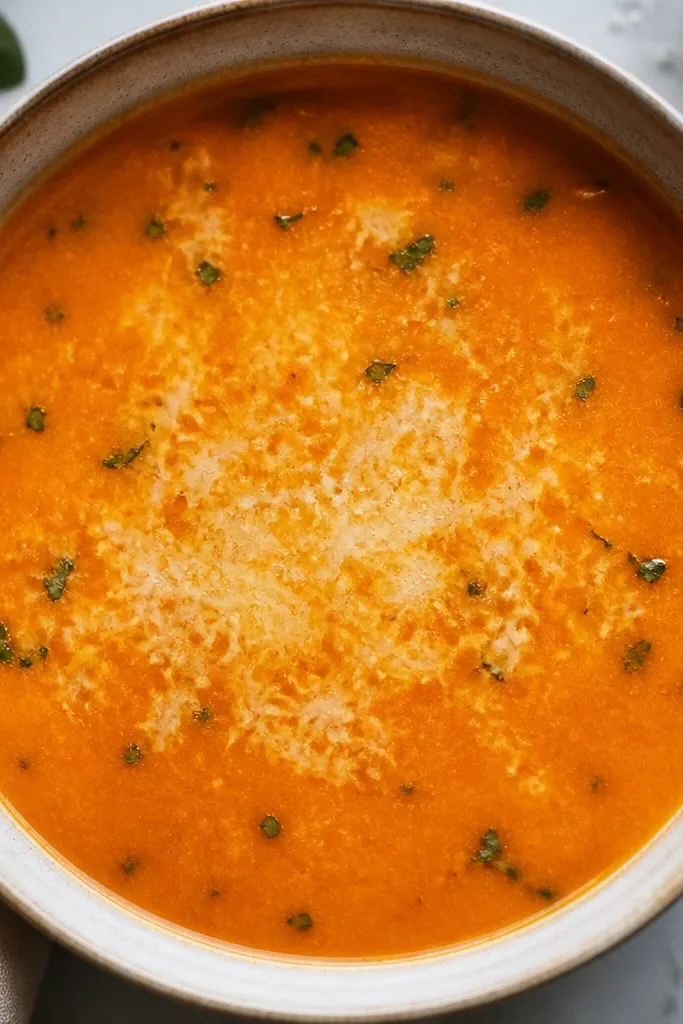 A red-orange soup with tiny basil leaf pieces and a soft cloudy white haze from melted parmesan. The surface looks creamy in the center and slightly clearer at the edges.