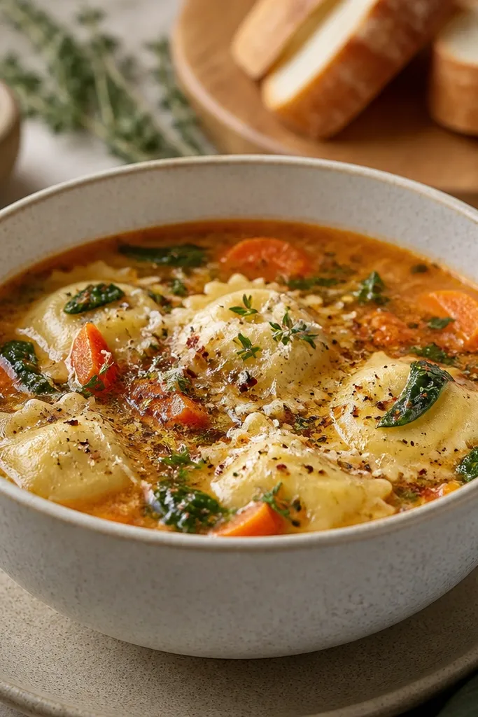 Seasonal Evergreen Cheese Ravioli Soup