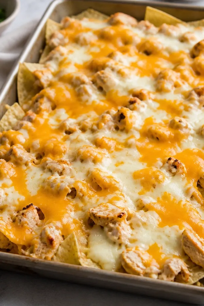 A metal sheet pan of nachos with melted cheese streaks in two colors: pale mozzarella pools and slightly darker cheddar patches, with visible chicken crumbles under the cheese.