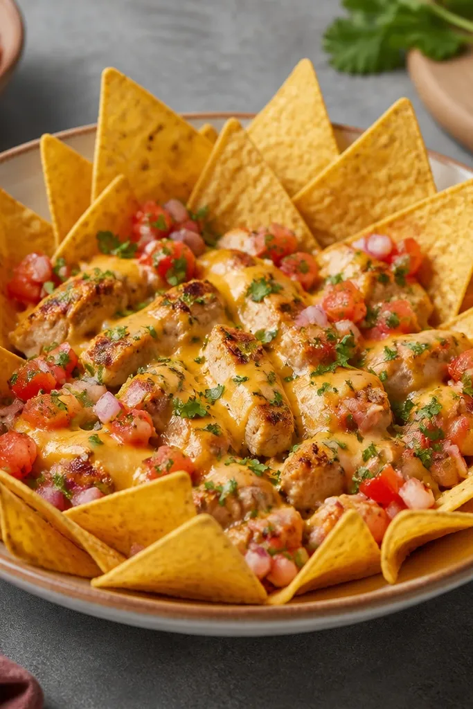 Nachos arranged with a visible outer ring of chips standing taller than the center, where cheese and chicken sit lower.