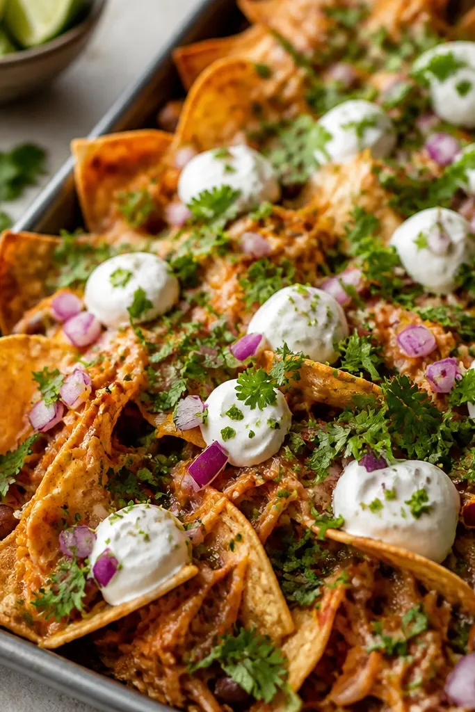 A tray of nachos topped with bright green chopped cilantro and small lime zest flecks, with red onion bits and creamy white sour cream dots.