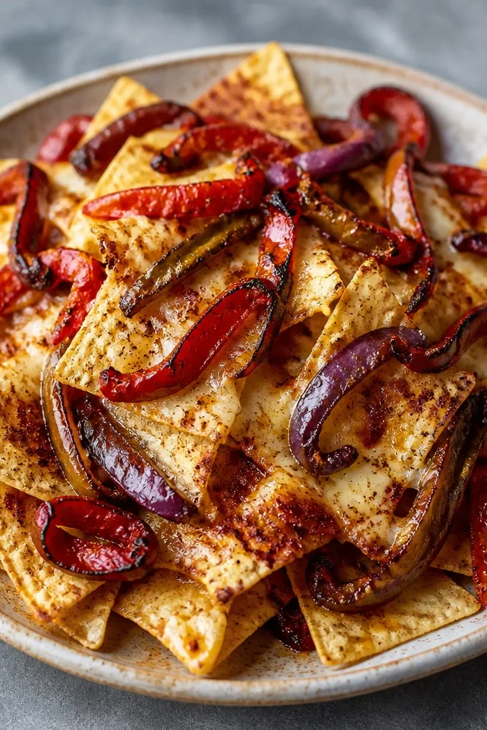 Nachos with dark red and smoky brown pepper strips scattered across the top, with charred edges visible and a dusting of cumin-brown seasoning.
