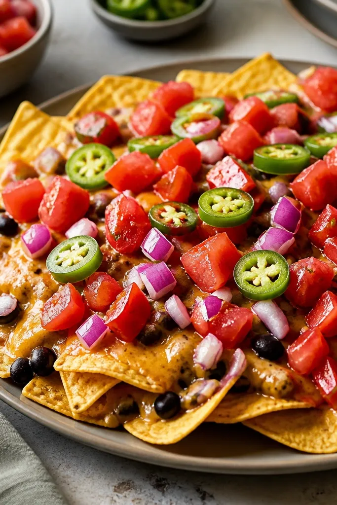 Nachos finished with chunky diced tomatoes, translucent red onion, and a few jalapeño slices, all bright and glossy.
