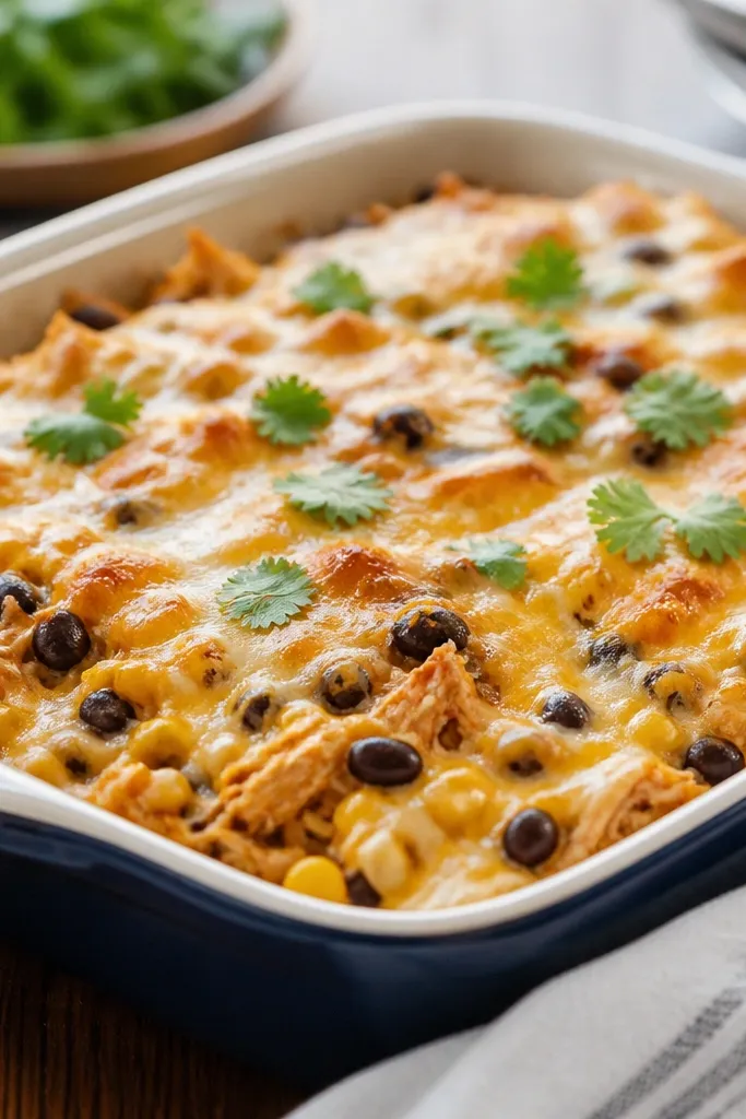 A tray with visible black bean dots and yellow corn kernels mixed into the chicken layer, with cheese melting over them.