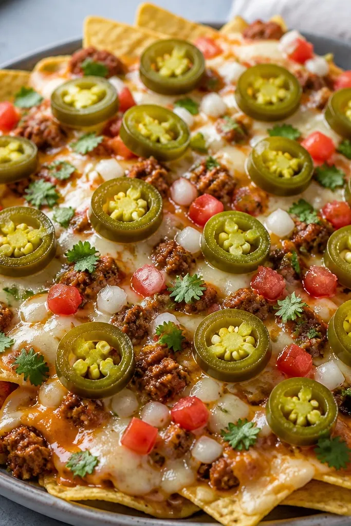 Nachos topped with glossy pickled jalapeño rings, bright green with pale seeds, scattered across the top like confetti.